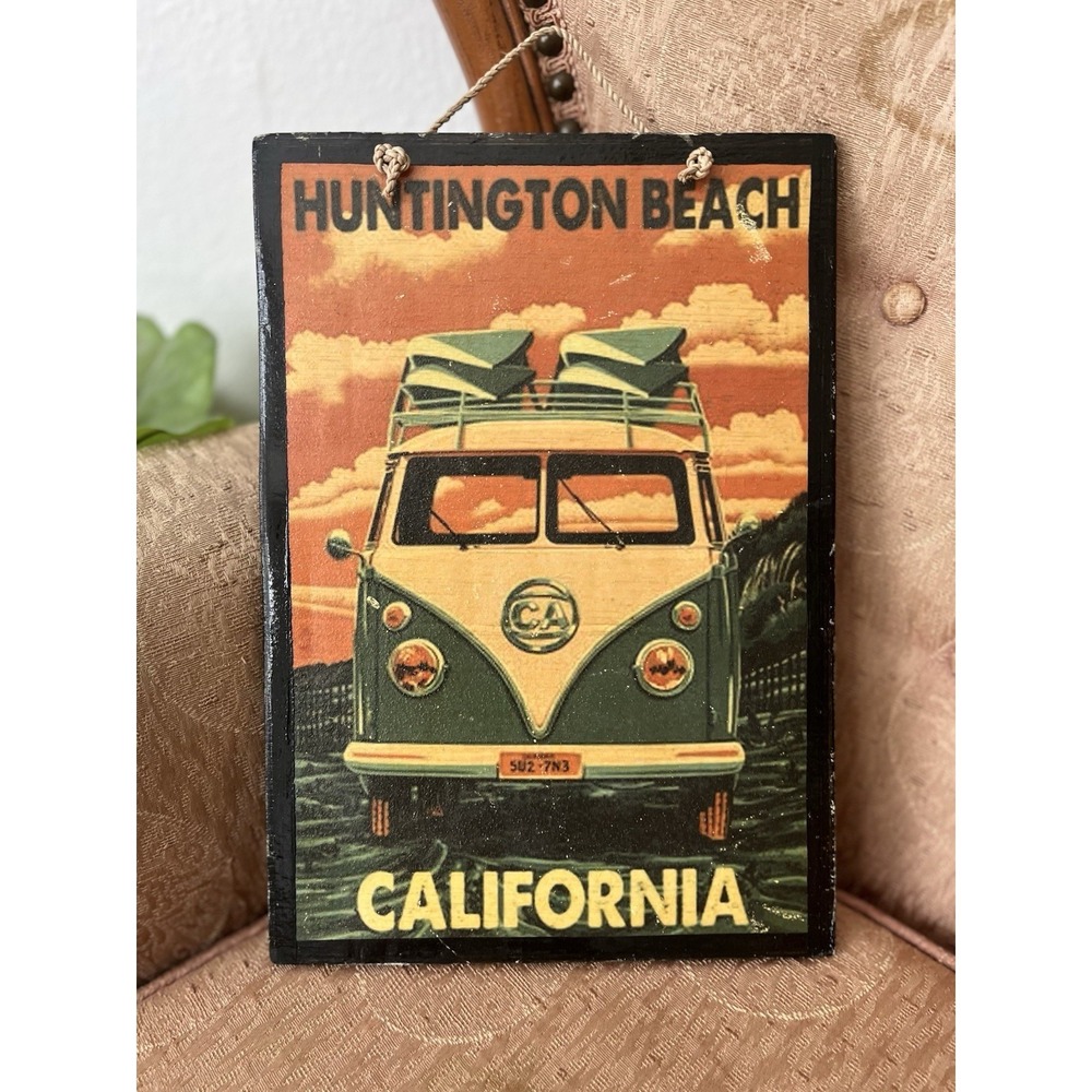 Huntington Beach California wood plaque‎ VW bus surfboard beach house decor 8x12